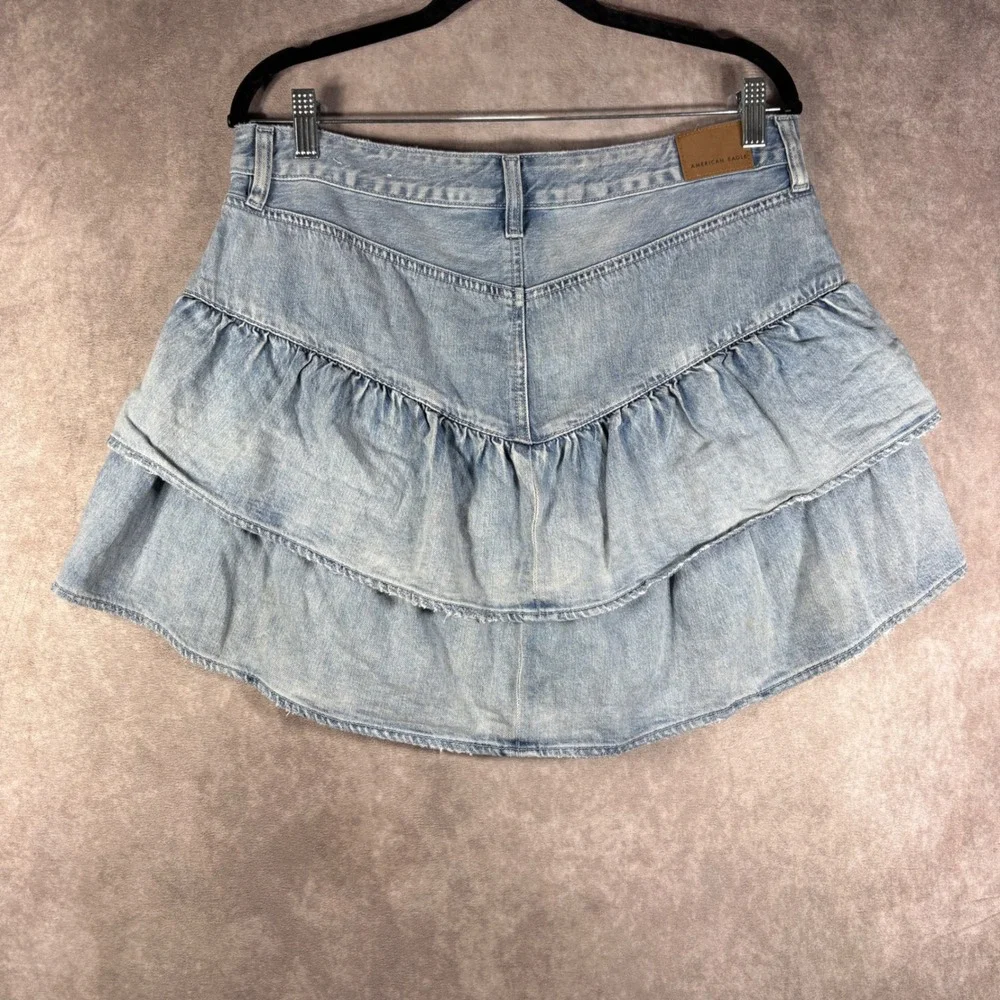 American Eagle Skirt Womens 12 Blue Denim Ruffle Tiered Boho Mini Light Wash